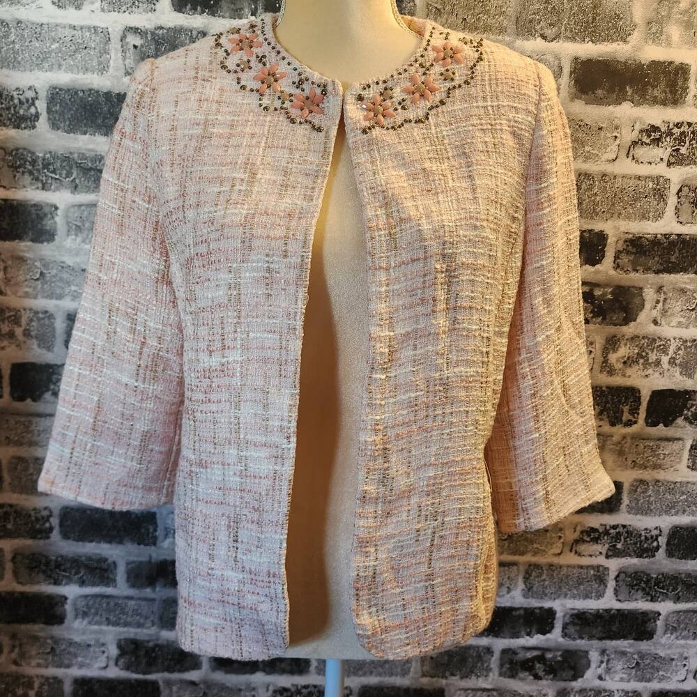 Alfred Dunner Women's Pink White Tweed Rhinestone Accents Blazer 8P